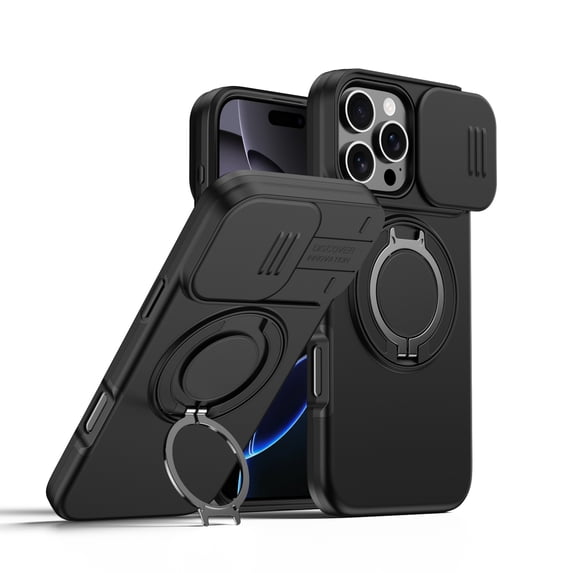 Dteck Protective Phone Case for iPhone 13 Pro Max,Shockproof TPU+PC Case Slide Camera Cover 360° Ring Stand Back Cover, Black
