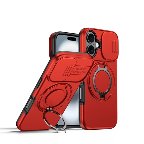 Dteck Protective Phone Case for iPhone 16,Shockproof TPU+PC Case Slide Camera Cover 360° Ring Stand Back Cover, Red