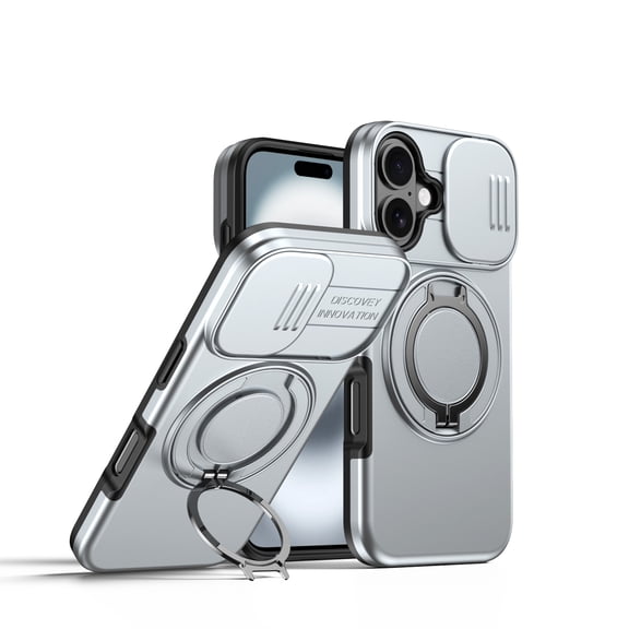 Dteck Protective Phone Case for iPhone 16,Shockproof TPU+PC Case Slide Camera Cover 360° Ring Stand Back Cover, Silver