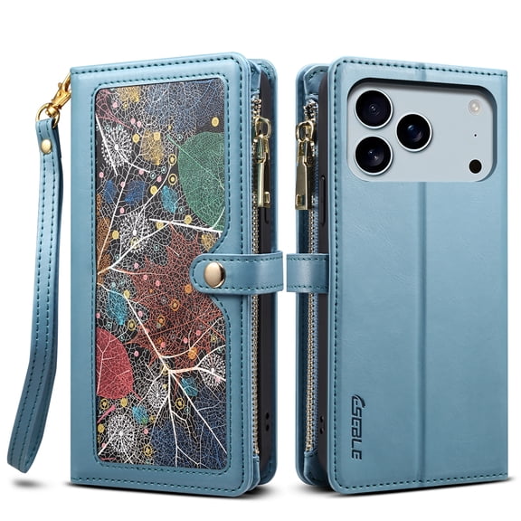 Dteck RFID Blocking PU Leather Wallet Card Case with Crossbody Strap for iPhone 17 Pro, Shockproof Zipper Pocket Flip Stand Cover, Blue