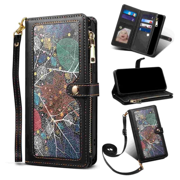 Dteck RFID Blocking PU Leather Wallet Card Case with Crossbody Strap for iPhone 17, Shockproof Zipper Pocket Flip Stand Cover, Black