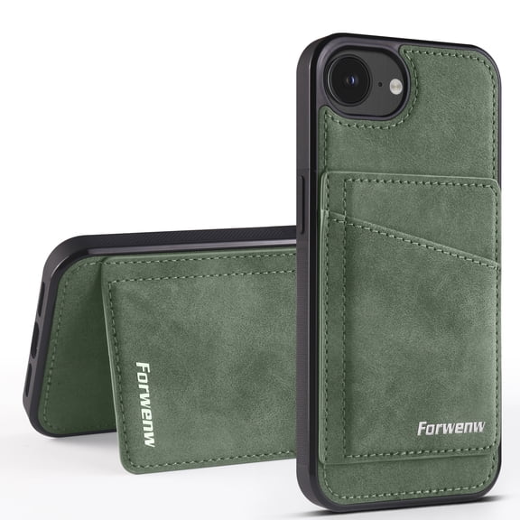 Dteck RFID Blocking Wallet Back Card Holder Case for iPhone 16e/17e, Shockproof Rugged Slim PU Leather Cover, Green