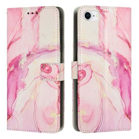 Dteck RFID Blocking Wallet Case for Apple iPhone SE 2022/ iPhone SE 2020 / iPhone 8/ iPhone 7 - Cards Slots Shockproof Wrist Strap Protective Flip Stand Marble Case Cover for Girls Women - Rosegold