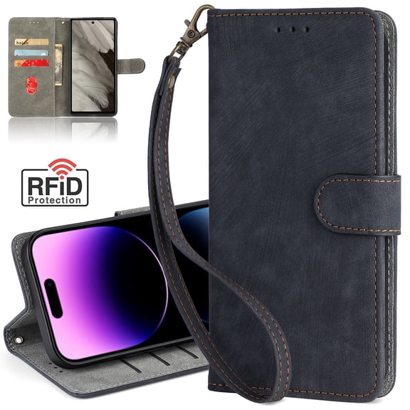 Dteck RFID Blocking Wallet Case for Google Pixel 6 Pro, Magnetic Closure PU Leather Flip Folio Case with Kickstand Detachable Wrist Strap,Black