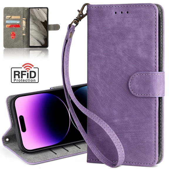 Dteck RFID Blocking Wallet Case for Google Pixel 8, Magnetic Closure PU Leather Flip Folio Case with Kickstand Detachable Wrist Strap,Purple