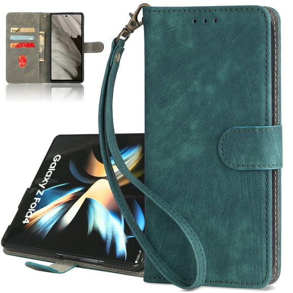 Dteck RFID Blocking Wallet Case for Samsung Galaxy Z Fold 3, Magnetic Closure PU Leather Flip Folio Case with Kickstand Detachable Wrist Strap,Green
