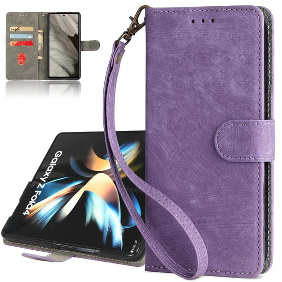 Dteck RFID Blocking Wallet Case for Samsung Galaxy Z Fold 3, Magnetic Closure PU Leather Flip Folio Case with Kickstand Detachable Wrist Strap,Purple