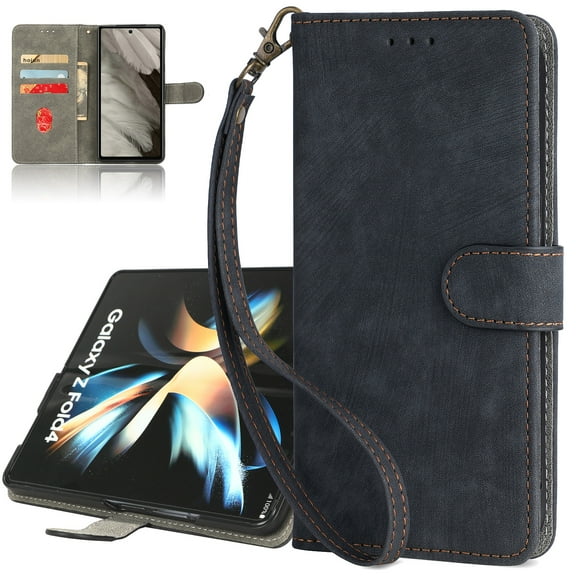 Dteck RFID Blocking Wallet Case for Samsung Galaxy Z Fold 4, Magnetic Closure PU Leather Flip Folio Case with Kickstand Detachable Wrist Strap,Black