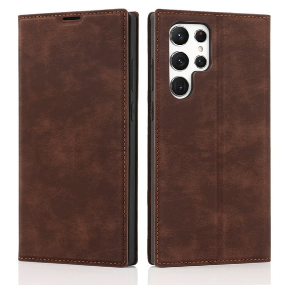 Dteck RFID Blocking Wallet Phone Case for Samsung Galaxy S22 Ultra, Card Slots Holder Magnetic Flip Cover, Coffee