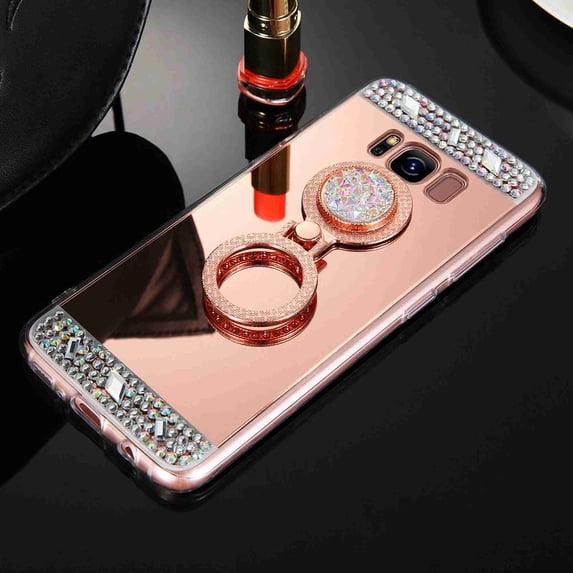 Dteck Rhinestone Diamond Bling Mirror Ring Back TPU Rubber Skin Case Cover,For Samsung Galaxy S10 6.1",rosegold