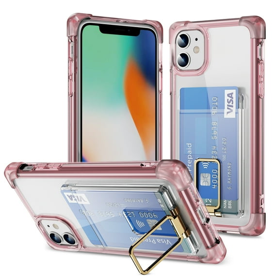 Dteck Ring Stand Case for iPhone 15 Pro with 1-2 Credit Card Holder Slot Shockproof Heavy Duty Protection Clear Wallet Phone Case Compatible with 15 Pro 6.1 Inch 2023,Pink