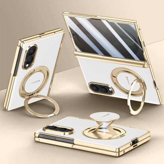 Dteck Rotatable Ring Kickstand Hinge Protection Case for Samsung Galaxy Z Fold 8 with Privacy Screen Protector, Shockproof Full Body Magnetic Plating Hard PC Cover, White