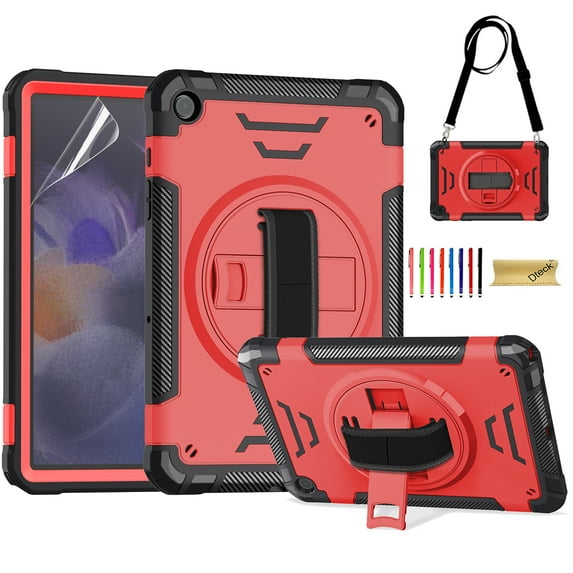 Dteck Rotating Hand Strap Shockproof Case for Samsung Galaxy Tab A9 Plus 11 Inch Tablet Case with Screen Protector Soft TPU Film, Red