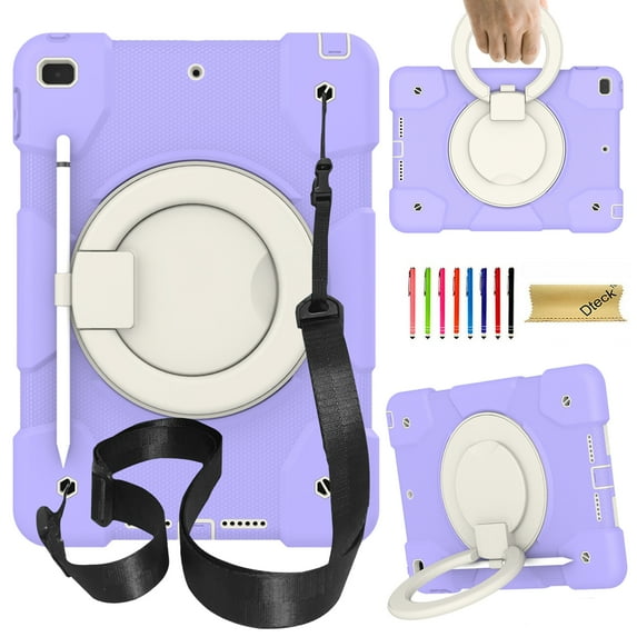 Dteck Rugged Case for 10.2-inch iPad 9th/ 8th/ 7th Generation with Shoulder Strap, Shockproof Case with Pencil Holder Rotating Handle Grip Stand Case for iPad 10.2" 2021/2020/2019,Purple