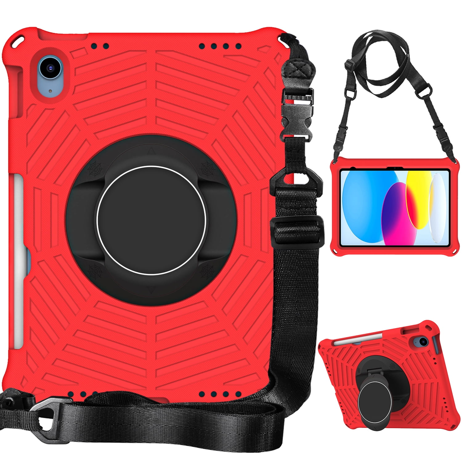 Dteck Rugged Case for Apple iPad (10th generetaion) 10.9-inch 2022, Shockproof Drop Protection Cover with 360 Rotatable Kickstand Shoulder Strap Pencil Holder for 10.9" iPad 10th Gen Case 2022,Red