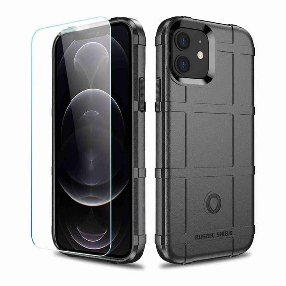 Dteck Rugged Case For iPhone 12 6.1" / 12 Pro 6.1" (2020) with Front Tempered Screen Protector, Shockproof Armor TPU Soft Back Protective Cover, Black