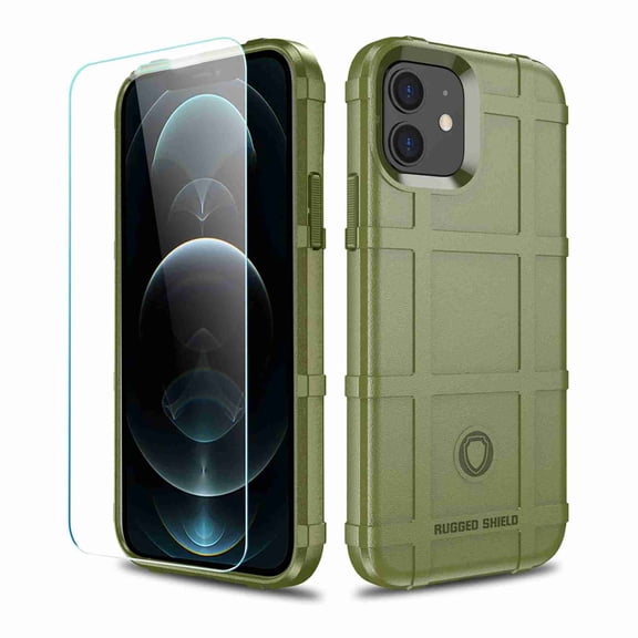 Dteck Rugged Case For iPhone 12 6.1" / 12 Pro 6.1" (2020) with Front Tempered Screen Protector, Shockproof Armor TPU Soft Back Protective Cover, Green