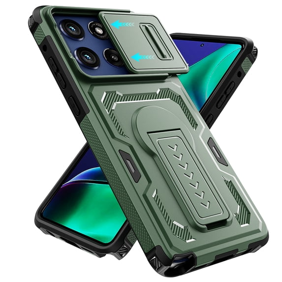 Dteck Rugged Case for Motorola Edge (2025) with Kickstand, Shock-Resistant Hybrid PC+TPU Anti-Scratch Non-Slip Slide Camera Cover Shockproof Heavy Duty Robust Protective Case, Green