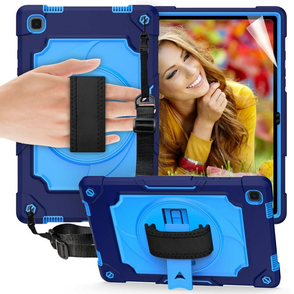 Dteck Rugged Case for Samsung Galaxy Tab A7 10.4 inch 2020 SM-T500 T505 with Soft Screen Protector, Heavy Duty High Impact Shockproof Case with 360 Rotating Handle Stand Shoulder Strap,Navy/Blue