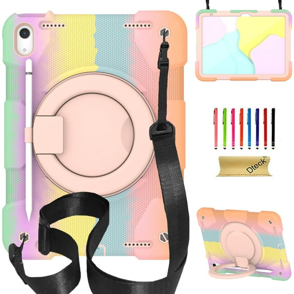 Dteck Case for iPad A16 11th Gen 11" 2025/10th Generation 10.9" 2022, Heavy Duty Shockproof iPad Cover with Portable Rotation Handle Stand Crossbody Shoulder Strap, Rainbow Rosegold