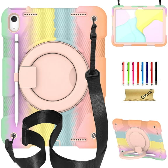 Dteck Case for iPad A16 11th Gen 11" 2025/10th Generation 10.9" 2022, Heavy Duty Shockproof iPad Cover with Portable Rotation Handle Stand Crossbody Shoulder Strap, Rainbow Rosegold