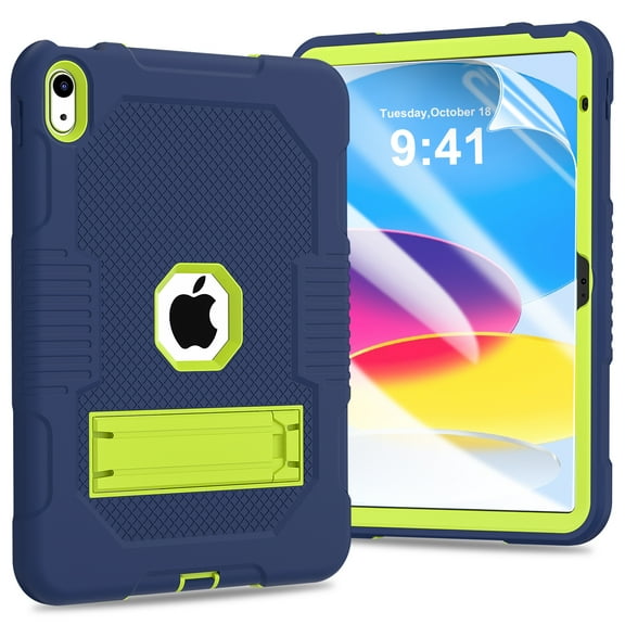 Dteck Rugged Case for iPad 10th Generation 10.9 Inch with Soft HD Screen Protector, Hybrid Shockproof Drop Protection Cover with Built-in Kickstand for 10.9" iPad 2022 10th gen,Navy+Green