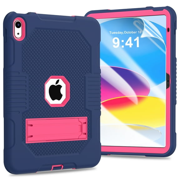 Dteck Rugged Case for iPad 10th Generation 10.9 Inch with Soft HD Screen Protector, Hybrid Shockproof Drop Protection Cover with Built-in Kickstand for 10.9" iPad 2022 10th gen,Navy+Rose