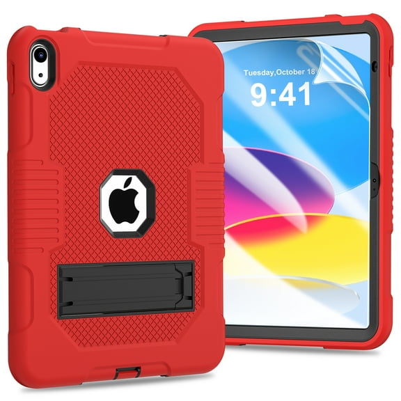 Dteck Rugged Case for iPad 10th Generation 10.9 Inch with Soft HD Screen Protector, Hybrid Shockproof Drop Protection Cover with Built-in Kickstand for 10.9" iPad 2022 10th gen, Red