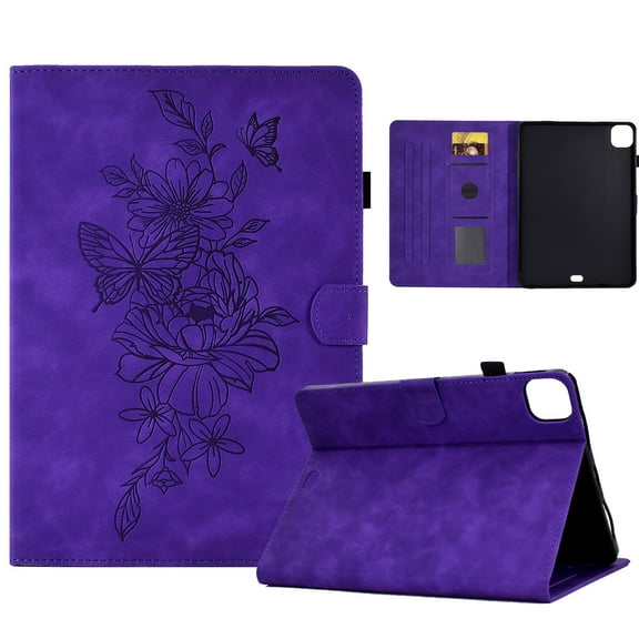Dteck Rugged Case For iPad Pro 11 inch 4th 3rd 2nd Gen (2022/2021/2020/2018),iPad Air 5th 4th Gen 10.9" Magnetic Leather Flower Pattern Card Slots Smart Case Shockproof Rubber Kickstand Cover,Purple