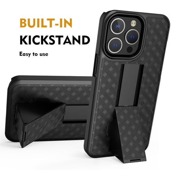 Dteck Rugged Case for iPhone 15 Pro Max with Swivel Belt Clip Holster, Slim Shell with Built-in Kickstand for Apple iPhone 15 Pro Max 6.7 inch 2023, Black
