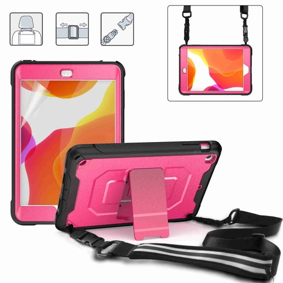 Dteck Rugged Heavy Duty Protective iPad MINI 1/2/3 Case, 3 Layer Kicktand Shoulder Strap Shockproof Cover With Pencil Holder Front Screen Protector, rose