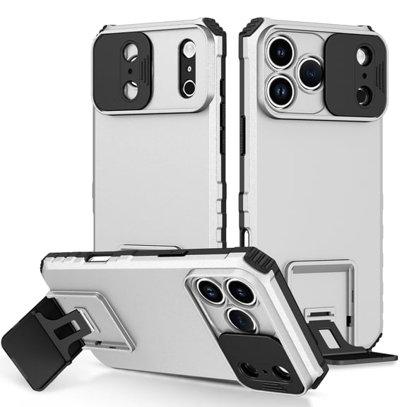 Dteck Rugged Kickstand Phone Case for iPhone 18 Pro Max, Shockproof Sliding Window Hard PC TPU Protective Cover, White