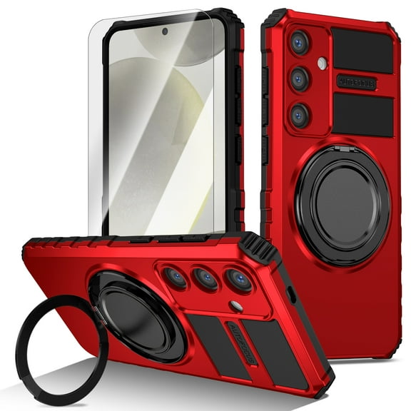 Dteck Rugged Magnetic Ring Kickstand Case for Samsung Galaxy S25, Shockproof Rotatable Stand, Car Mount Compatible, Heavy-Duty Protection with HD Tempered Glass Screen Protector Cover, Orange