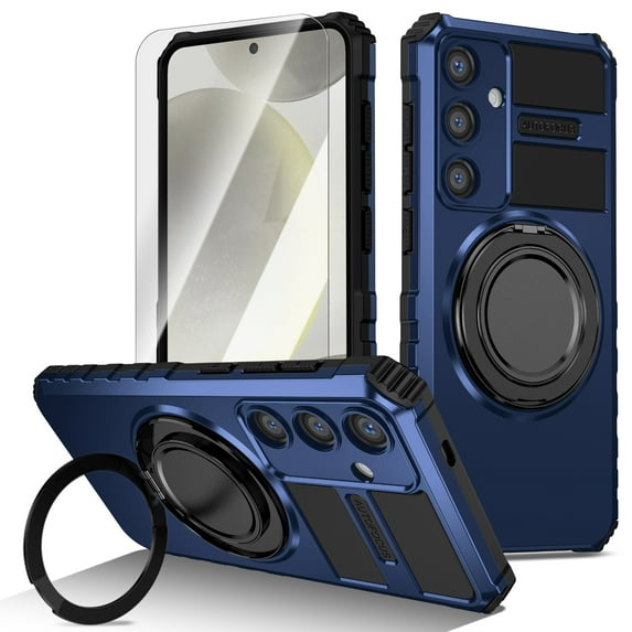 Dteck Rugged Magnetic Ring Kickstand Case for Samsung Galaxy S25, Shockproof Rotatable Stand, Car Mount Compatible, Heavy-Duty Protection with HD Tempered Glass Screen Protector Cover, Blue