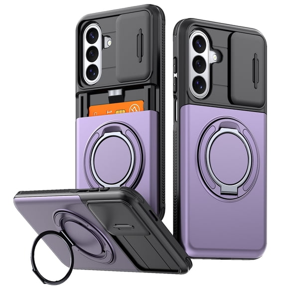 Dteck Rugged Phone Case with Card Holder Camera Cover and Ring Kickstand for Samsung Galaxy A37 / A36 / A56 / A27,Purple