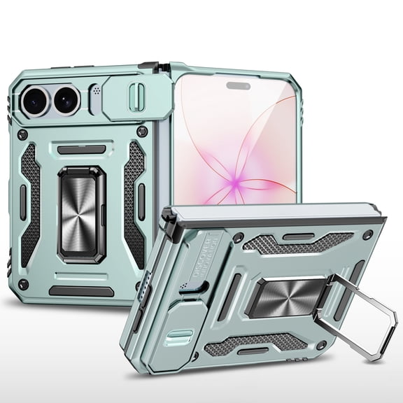 Dteck Rugged Protective Case with 360° Rotating Ring Stand for Apple iPhone Duo, Shockproof PC + TPU Case Sliding Lens Protection Heavy Duty Anti-Drop Cover,Darkgreen