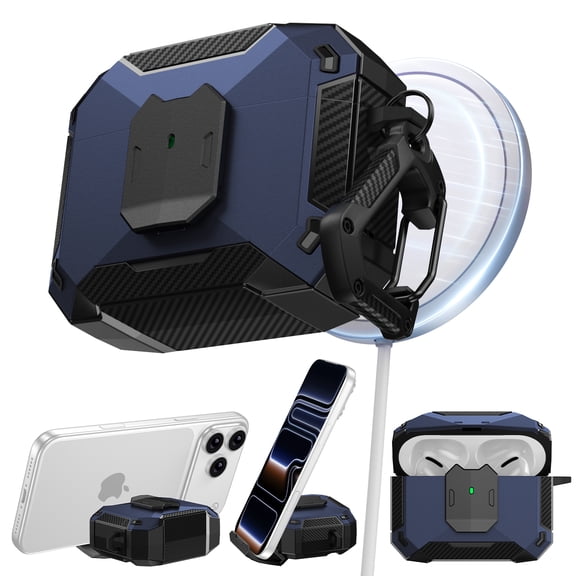 Dteck Rugged Protective Case for Apple AirPods 5 /AirPods 4, Shockproof PC + TPU Cover with Carbon Fiber Design, Compatible with MagSafe, Carabiner Clip & Phone Stand Function,Blue