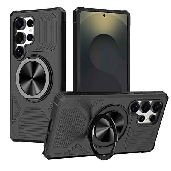 Dteck Rugged Protective Case for Samsung Galaxy S25 with Kickstand, Shockproof Anti-Scratch PC+TPU Back Cover, Magnetic Car Mount Compatible, Anti-Fingerprint Non-Slip Grip,Black