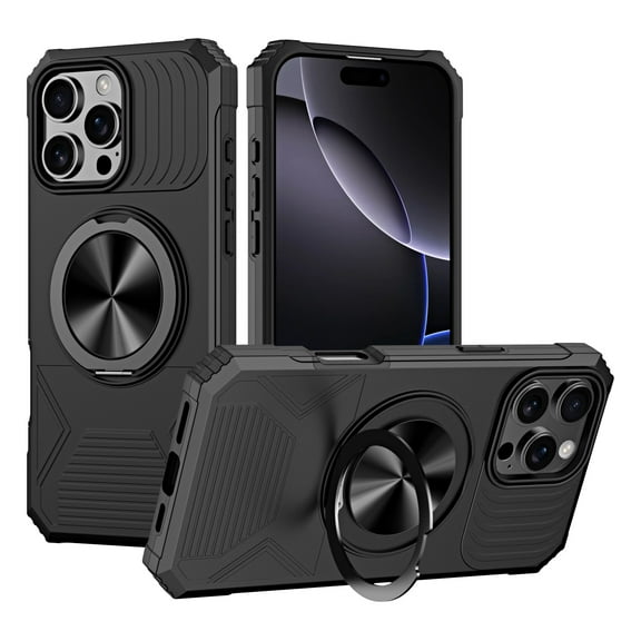 Dteck Rugged Protective Case for iPhone 16 with Kickstand, Shockproof Anti-Scratch PC+TPU Back Cover, Magnetic Car Mount Compatible, Anti-Fingerprint Non-Slip Grip, Black