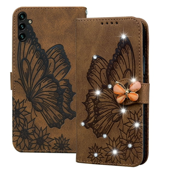 Dteck for Samsugn Galaxy A14 5G Case Wallet with Credit Card Slots Sparkle Diamond Rhinestone Butterfly Cute for Girls PU Leather Magnetic Closure Folio Flip Phone Cover for Samsung A14 5G,Brown