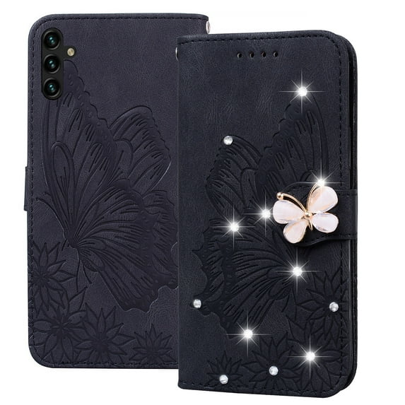 Dteck for Samsugn Galaxy A14 5G Case Wallet with Credit Card Slots Sparkle Diamond Rhinestone Butterfly Cute for Girls PU Leather Magnetic Closure Folio Flip Phone Cover for Samsung A14 5G,Black