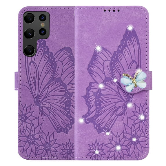 Dteck for Samsugn Galaxy S23 Ultra Case Wallet with Credit Card Slots Sparkle Diamond Rhinestone Butterfly Cute for Girl PU Leather Magnetic Closure Folio Flip Phone Cover for Samsung S23 Ultra,Purple