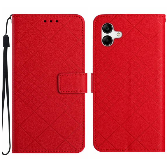 Dteck for Samsung A04E 6.5" 2022 Magnetic Case, Premium PU Leather Folio Flip Wallet Case with Card Holder Cash Slot Lanyard Strap Kickstand Function Embossed Pattern Slim Shockproof Cover, red