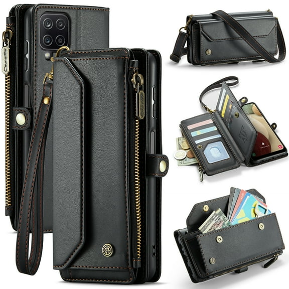 Dteck for Samsung A12 5G Case with RFID Blocking Wallet Case for Women Men, Shockproof PU Leather Magnetic Flip Strap Zipper Card Holder Phone Case,Black