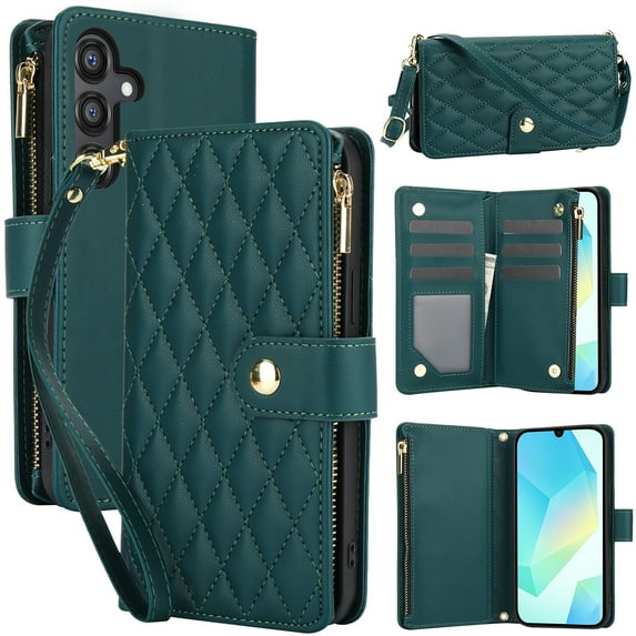 Dteck for Samsung A16 5G Case, Crossbody Shoulder Strap RFID Blocking Shockproof Magnetic Closure Flip Stand Card Slot Wallet Zipper Lanyard Phone Case Cover, Green