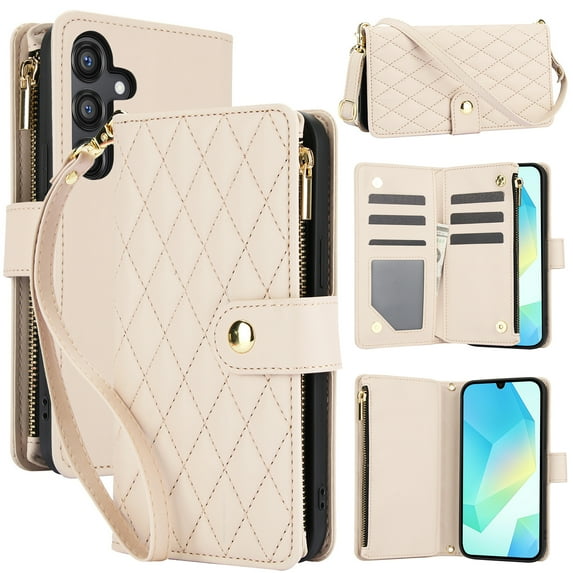 Dteck for Samsung A16 5G Case, Crossbody Shoulder Strap RFID Blocking Shockproof Magnetic Closure Flip Stand Card Slot Wallet Zipper Lanyard Phone Case Cover, Apricot