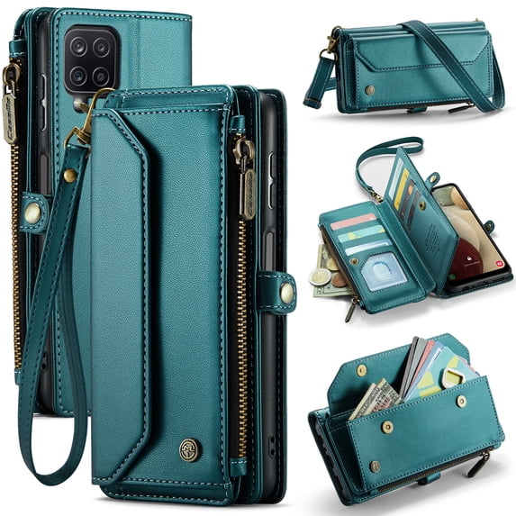Dteck for Samsung A22 5G Case with RFID Blocking Wallet Case for Women Men, Shockproof PU Leather Magnetic Flip Strap Zipper Card Holder Phone Case,Green