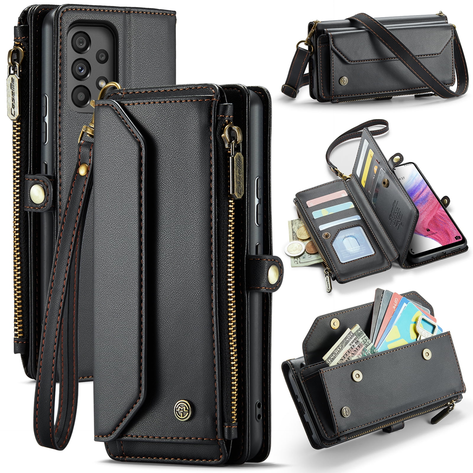 Dteck for Samsung A23 Case with RFID Blocking Wallet Case for Women Men, Shockproof PU Leather Magnetic Flip Strap Zipper Card Holder Phone Case,Black