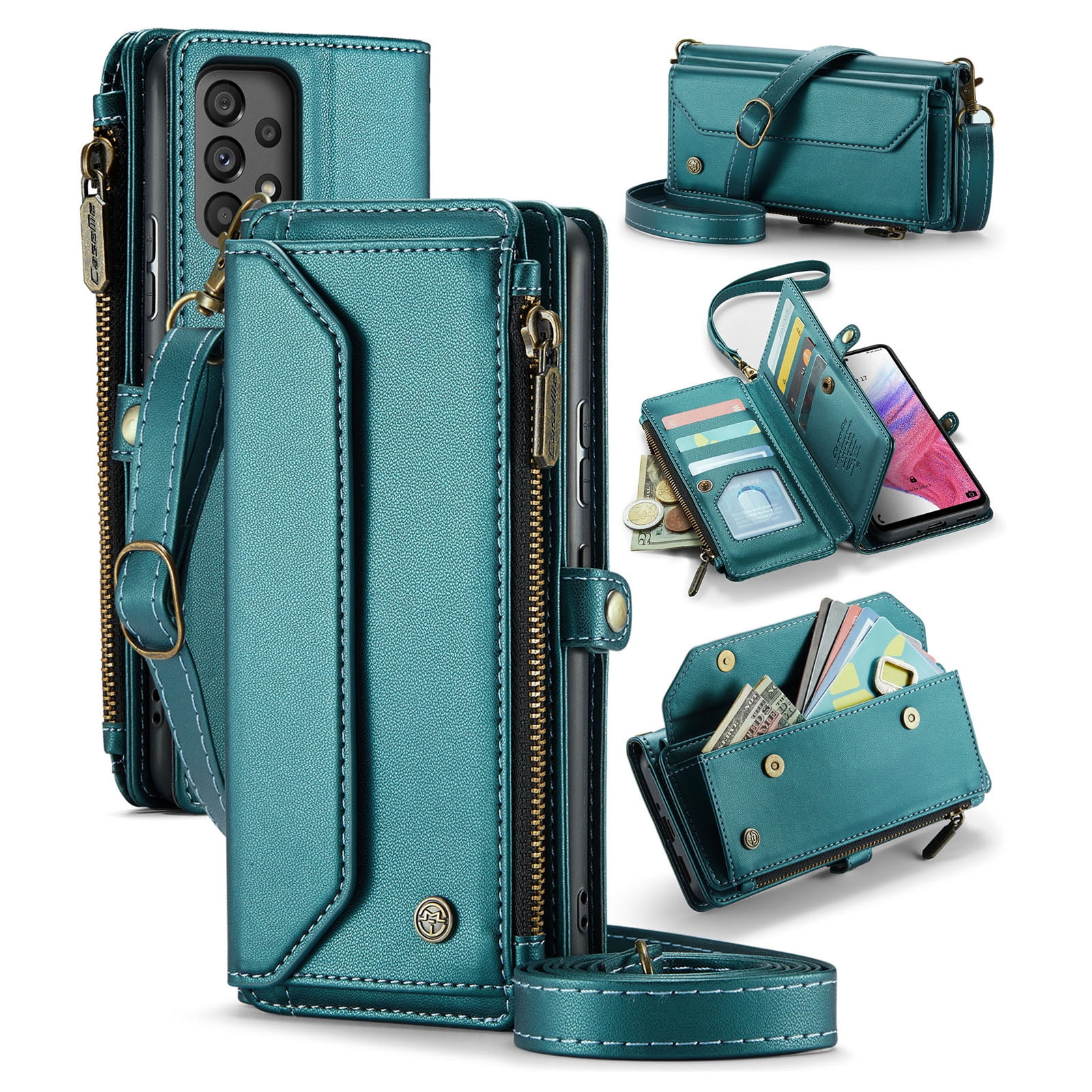 Dteck for Samsung A23 Case with RFID Blocking Wallet Case for Women Men, Shockproof PU Leather Magnetic Flip Strap Zipper Card Holder Phone Case,Green