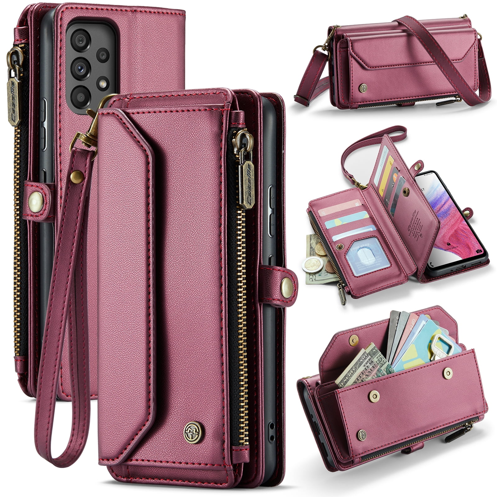 Dteck for Samsung A23 Case with RFID Blocking Wallet Case for Women Men, Shockproof PU Leather Magnetic Flip Strap Zipper Card Holder Phone Case,Winered